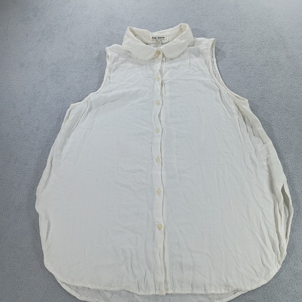 Rag Poets Womens Sleeveless Button Down Top White Small Chevron Textured